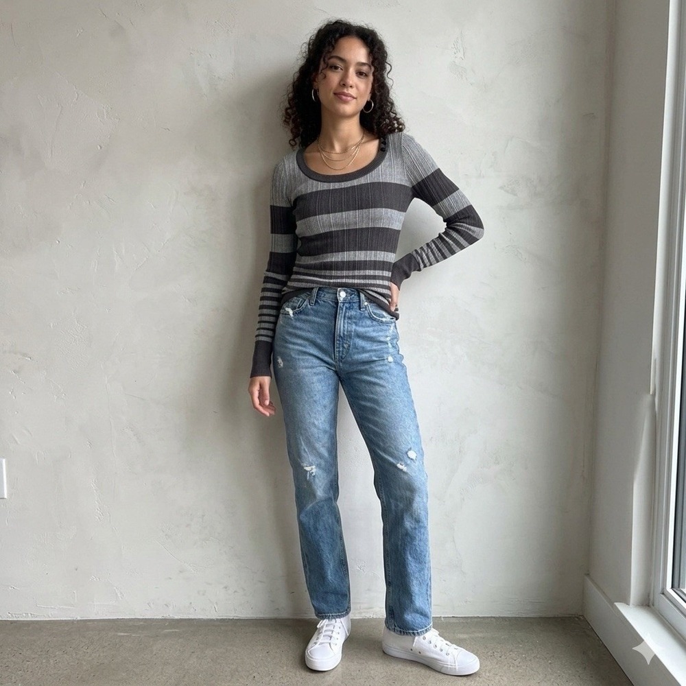 Mudd Sweater Womens L Gray‎ Striped Ribbed Indie Sleaze Bella Swan Grunge Top